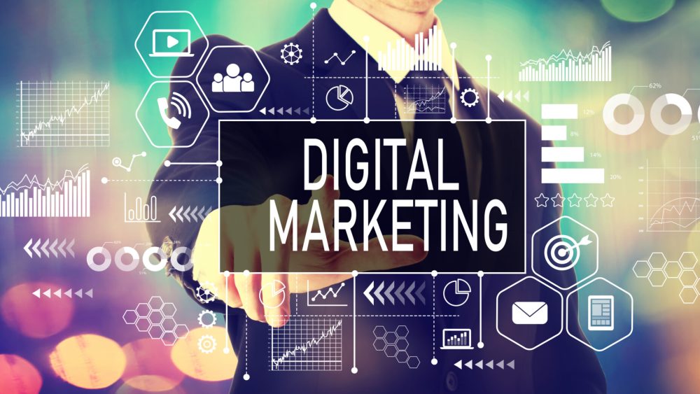 Digital marketing with a businessman on a shiny background